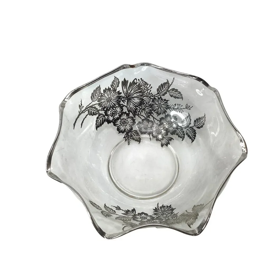 Vintage Silver Overlay Clear Glass Bowl Flowers Scalloped Edge Footed Candy Dish
